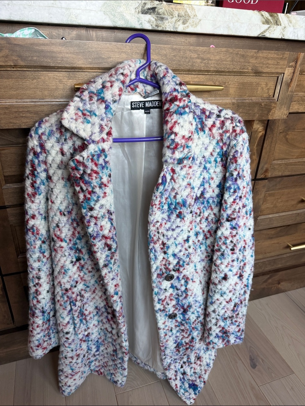 Steve Madden Multicolored Bouclé Pea Coat - White Base with Blue & Red Speckle